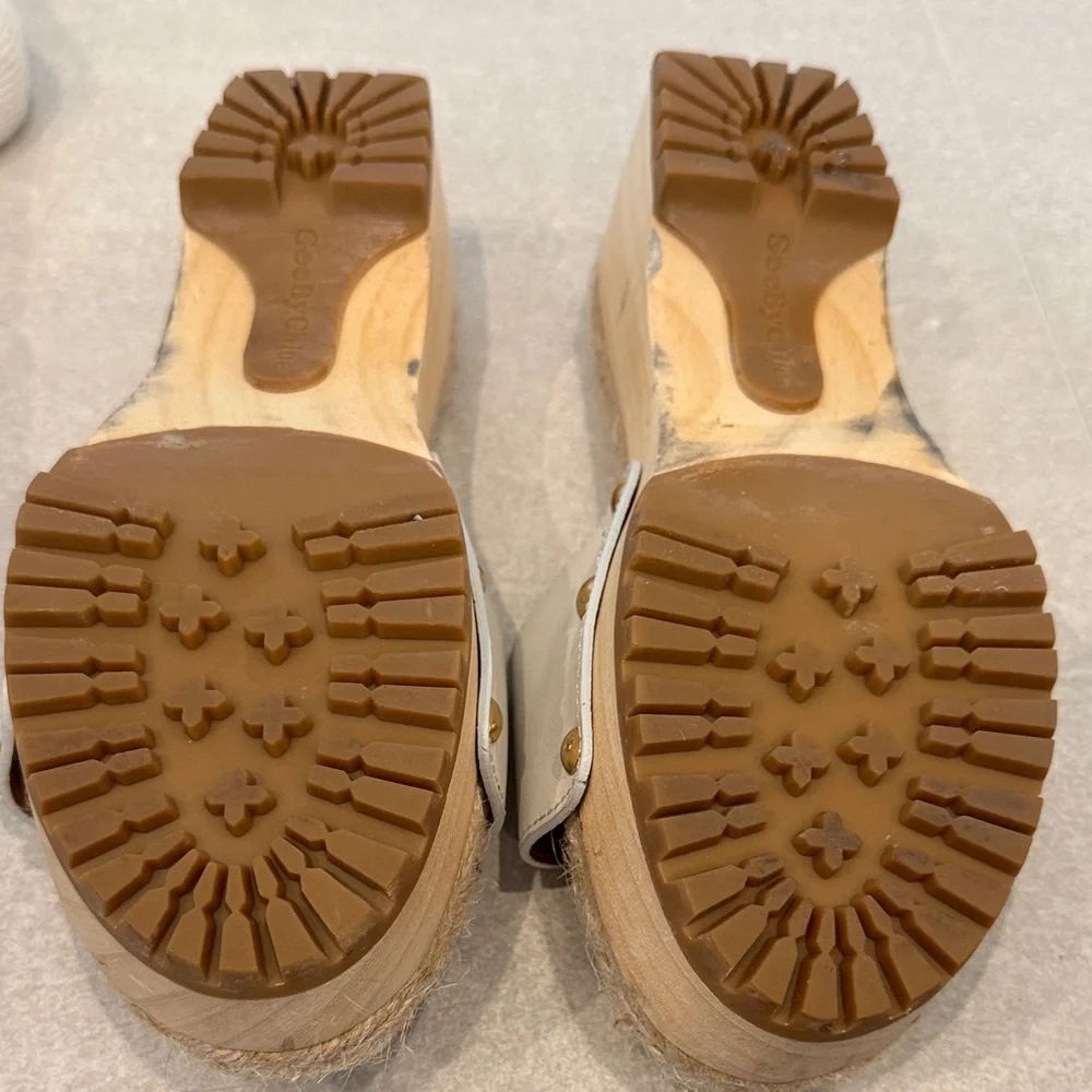 See By Chloe Cream Espadrille Slides with Gold Buckle